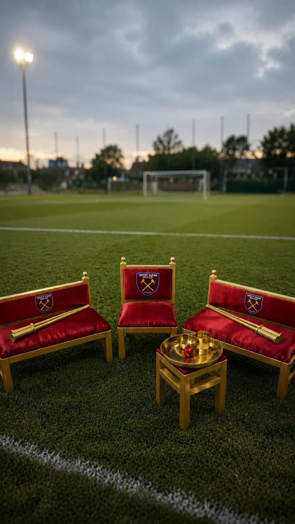 A West Ham United colourway Maiyan suite — claret seats on gold frames, each back carrying the club crest — set out on a floodlit football pitch at dusk.